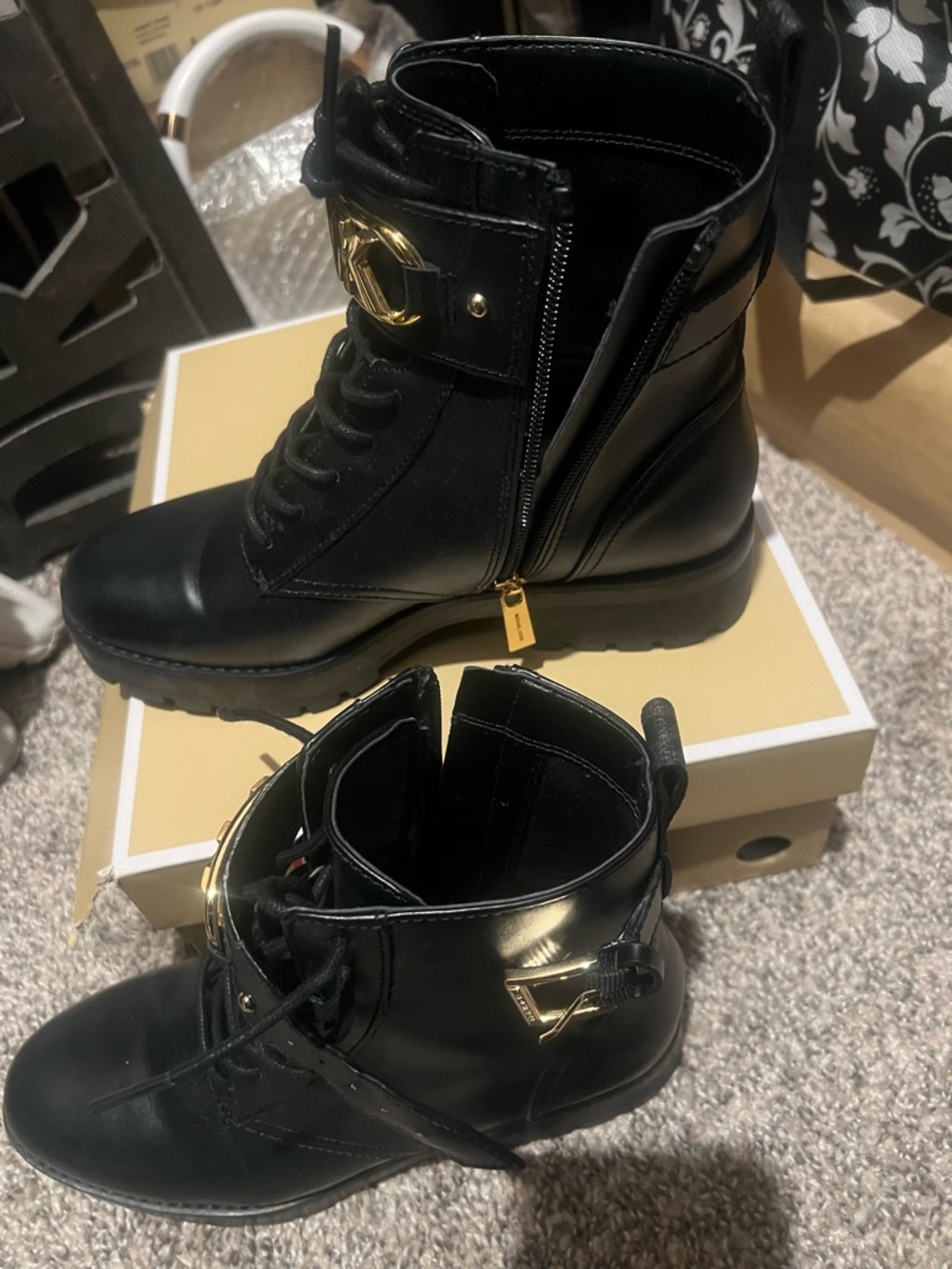 Black Lace-Up Boots MK (Michael Kors)Gold Hardware worn once in great condition